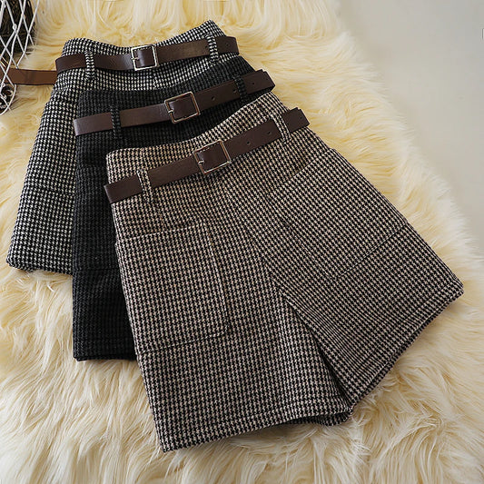 Houndstooth woolen shorts women's autumn and winter new high waist retro slim boots pantslarge size woolen pocket wide leg pants