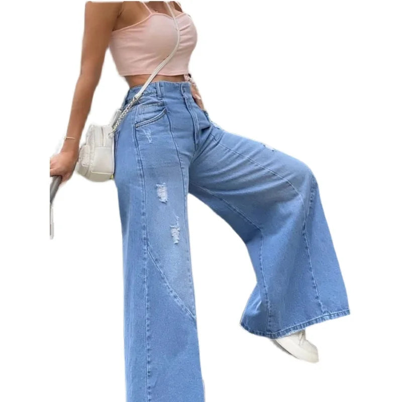 Été Nouveaux Jeans Femmes Européennes et Américaines Spicy Girl Jeans Lâche Trou Sexy Split Large Jambe Pantalon Shopee Femmes Pantalons