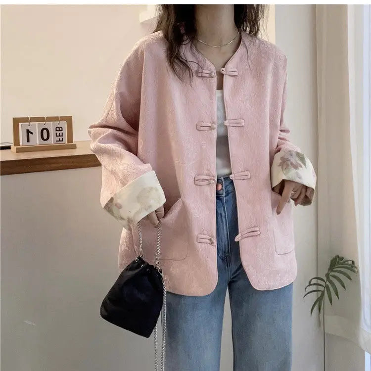 New Chinese Style Retro Pan Button Pink Coat Women Clothing Early Spring New Fashion Loose Casual Cardigan Outerwear Women Tops