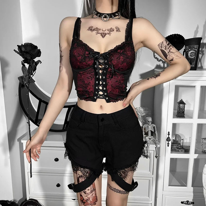 Women's Gothic Tops Dark Early Spring Small Camisole Clashing Lace Lace Tie Small Vest Women