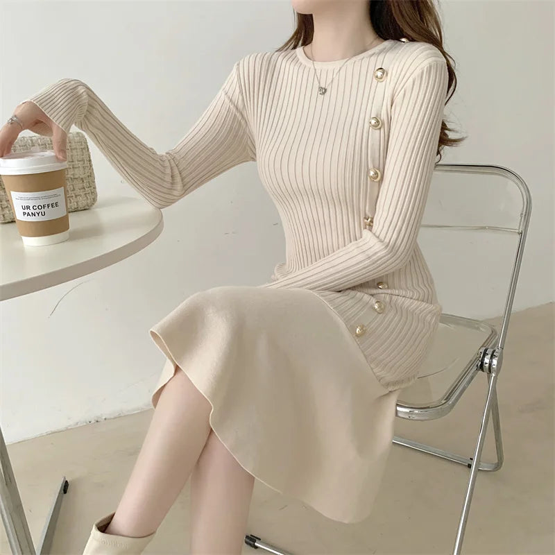 Vintage Midi Dresses for Women Clothing Long Sleeve Elegant Button Warm Trumpet Mermaid Knitted Sweater Bodycon Dress Winter New