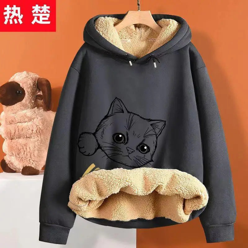 Inner Lining Composite Lamb Fleece Sweatshirt Thick Winter Loose Keep Warm Hoodie Peeking Cartoon Cat Women's Oversized Pullover