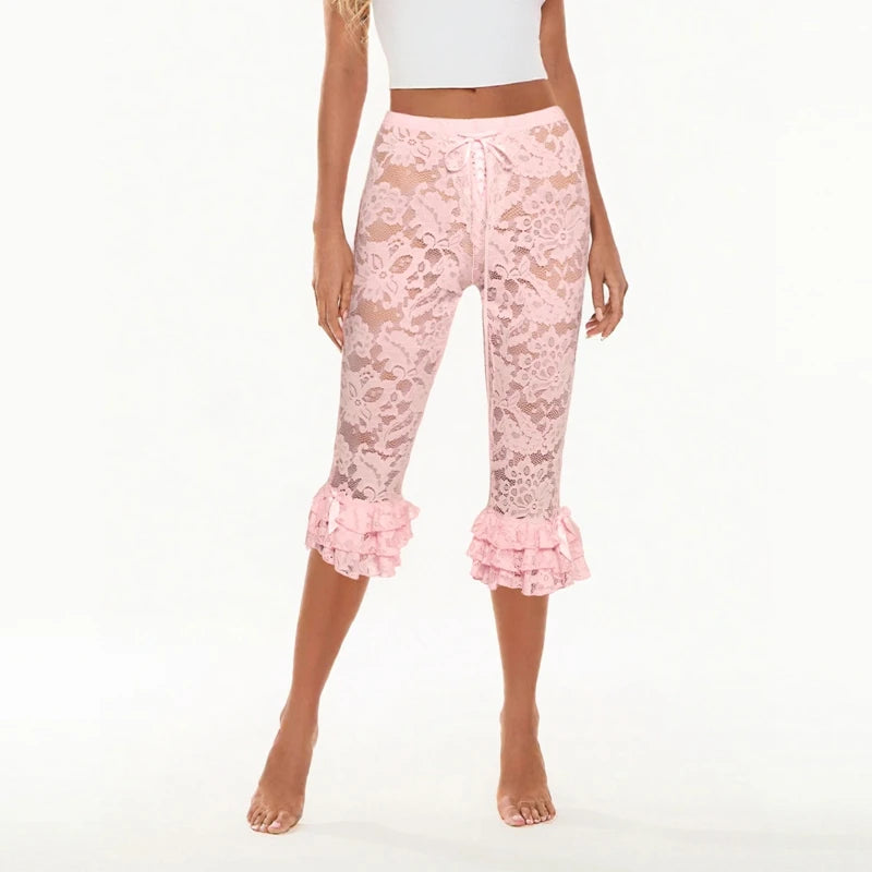 Women Floral Lace Capri Pants Coquette See-Through High Waist Ruffles Hem Trousers Summer Casual Pants Stretch Crop Leggings