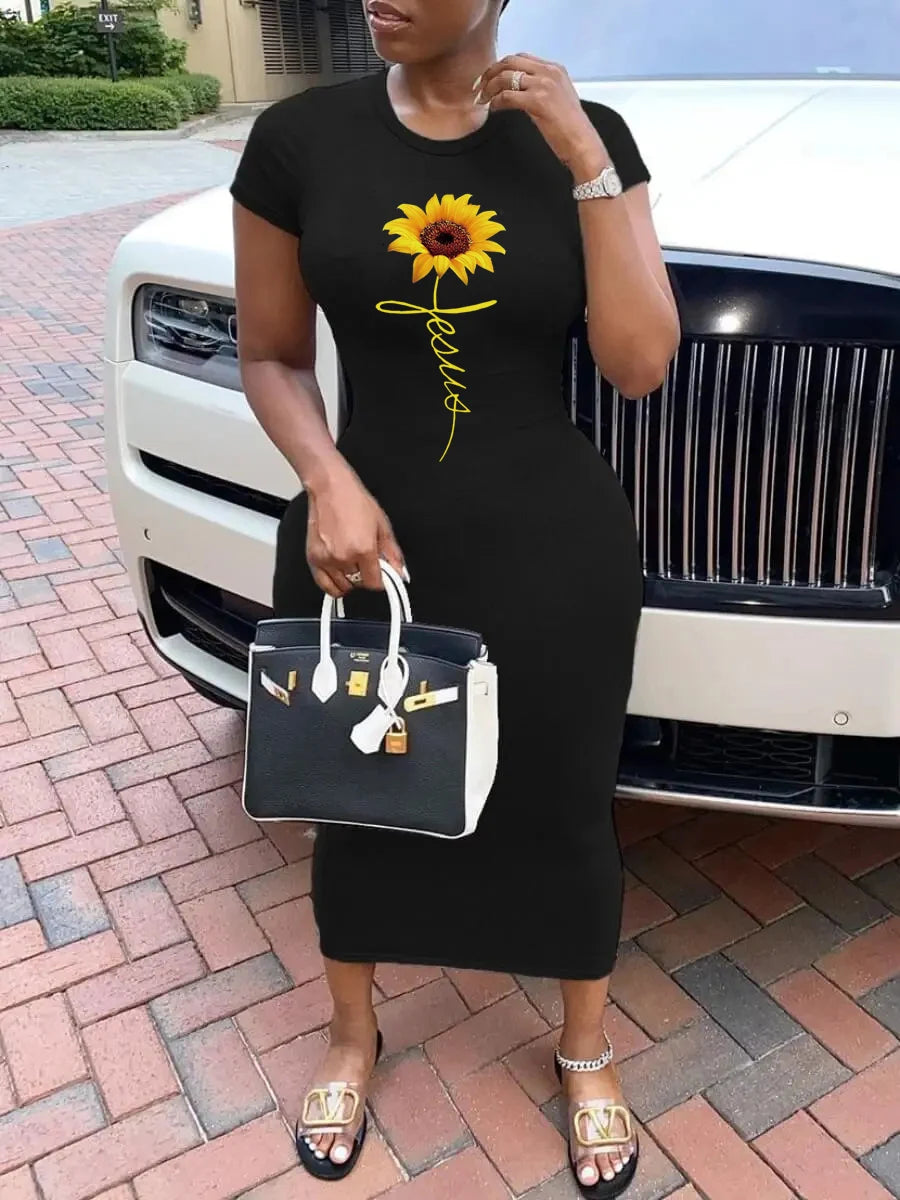 Summer Sunflower Faith Printed Large Round Neck Short sleeved Women's  Comfortable Breathable Casual Fashion T-Casual Sexy Dress