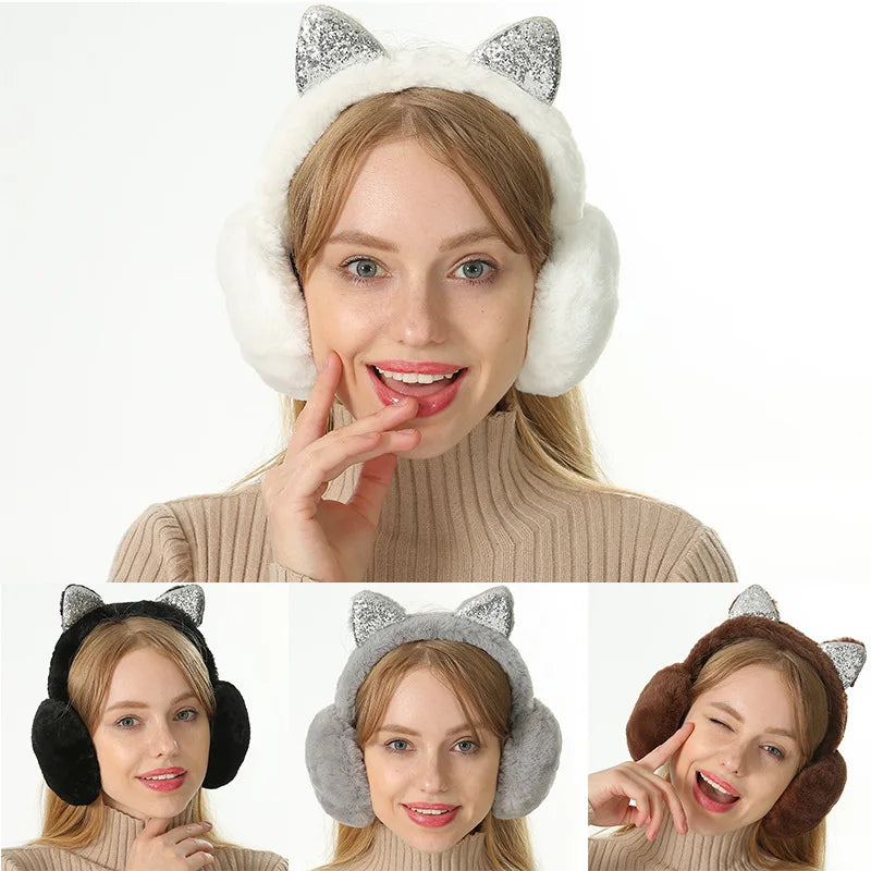 Winter Warm Plush Earmuffs for Women Girls Children Riding Ski Ear Protection Cartoon Cute Cat's Ears Fur Soft Cashmere Earflaps