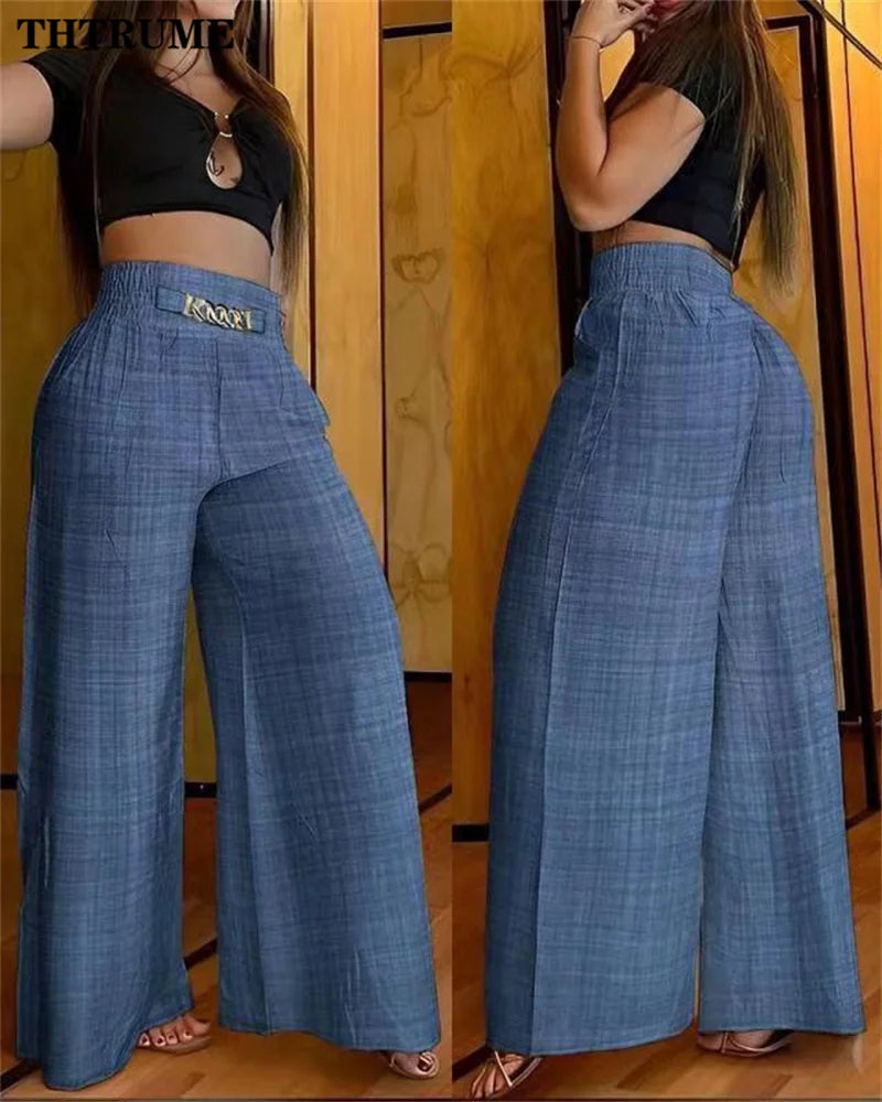 Elegant Solid Wide Leg Pants Fashion Women Summer High Waist Straight Flared Pant Casual Office Lady Holiday Loose Chic Trousers