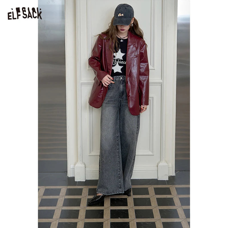 ELFSACK 2024 Autumn New Arrive Dark red PU leather suit for women, high-end retro casual jacket