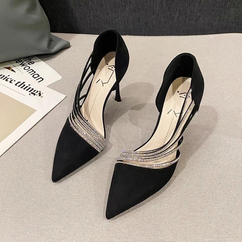 Pumps Women New Autumn Evening Party High Heels Ladies Pointed Toe Nude Leather Black Suede Gold Patent Leather Strappy