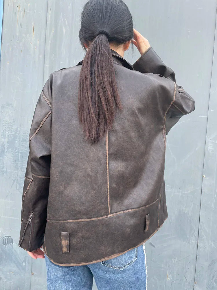 RR2478 Streetwear Worn Effect Bike Leather Jackets For Women Oversized Boyfriend PU Leather Jacket Women Loose Zipper Brown Coat