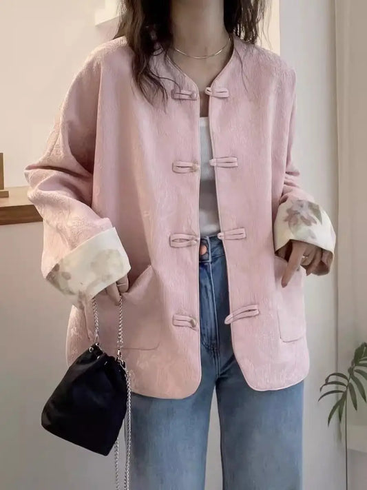 New Chinese Style Retro Pan Button Pink Coat Women Clothing Early Spring New Fashion Loose Casual Cardigan Outerwear Women Tops