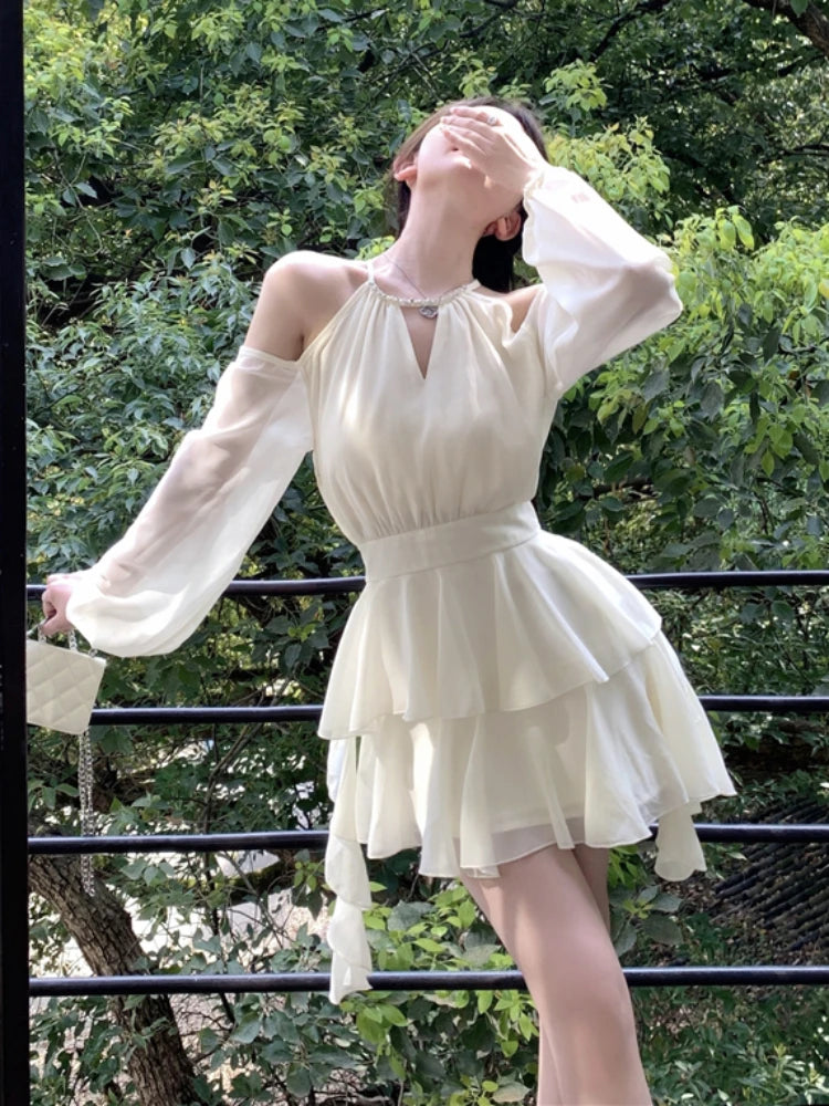 Halter Dresses Women Solid Fairycore Pleated Spring Summer Hotsweet Popular Exquisite French Style Retro Street Simple Daily