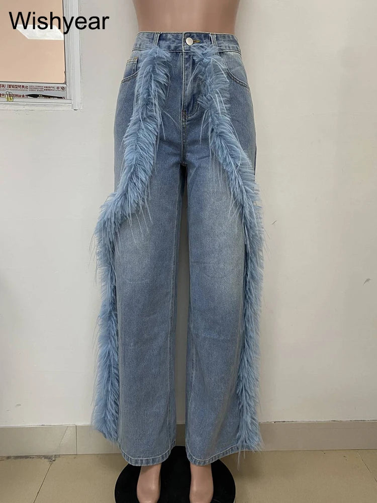 Washed Blue Spliced Feather Jeans Women High Waist Patchwork Button Demin Wide Leg Pants Female Boyfriend Streetwear Trousers