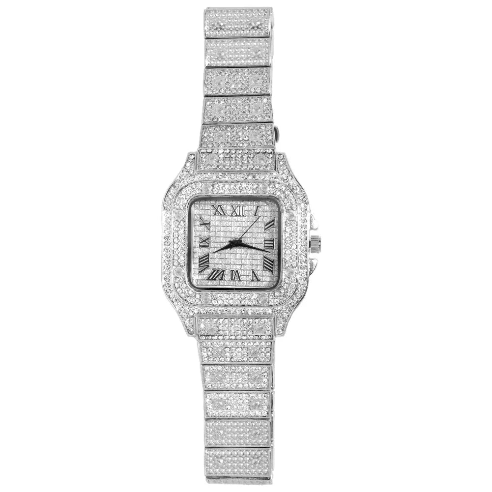 Montres à la mode entièrement glacées pour hommes et femmes, montre carrée en acier inoxydable, strass de luxe, montre à quartz carrée, cadeau de fête Hip Hop