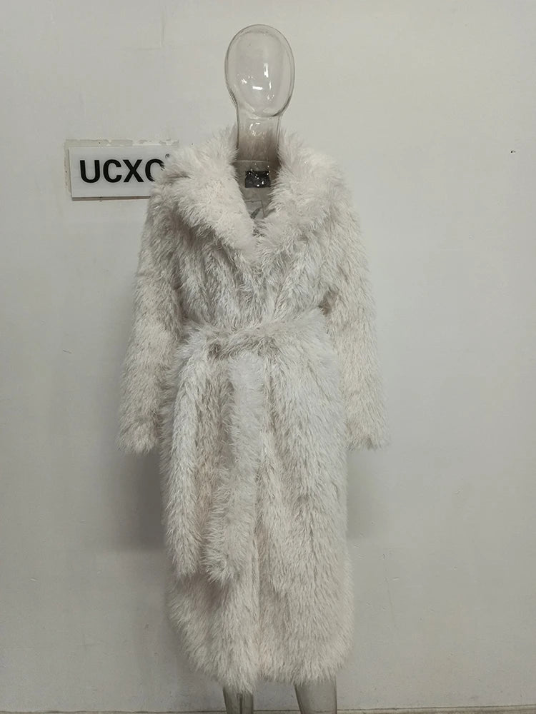 UCXQ White Long Outerwear Elegant Temperament Loose Lapel All Match Thick Warm Faux Fur Coat For Women 2025 New Winter 23C2964