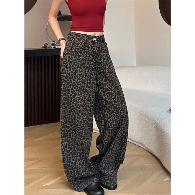 Leopard Print Womens Jeans High Waist Vintage Design Straight Baggy Denim Pants Street Y2K American Style Wide Leg Denim Trouser