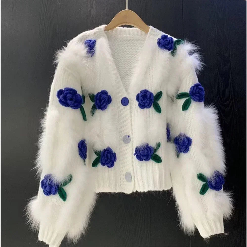 Femmes Pulls Fourrure Tricot Cardigan Automne Hiver Streetwear Mode Simple Boutonnage Fleurs Gland Court Cachemire Tricot Manteau