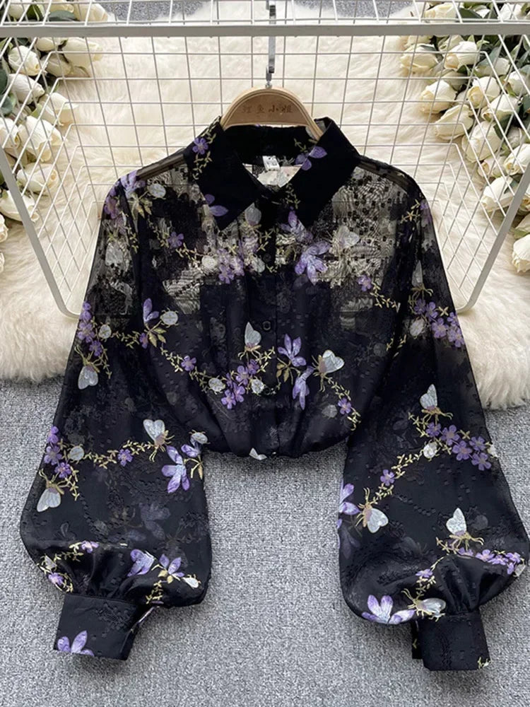 Spring Autumn Temperament Fashion Retro Chiffon Floral Blouses Print Loose Lapel Puff Sleeve Top Button Up Shirt Female GD611