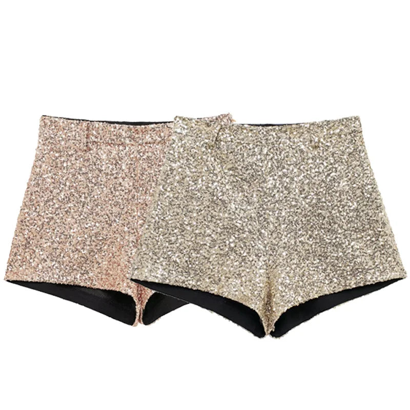 TRAF 2025 Mini Sequin Shorts Woman Shiny Sexy High Waist Short Women's Shorts Glitter Gold Pink Shorts Elegant High Street Short