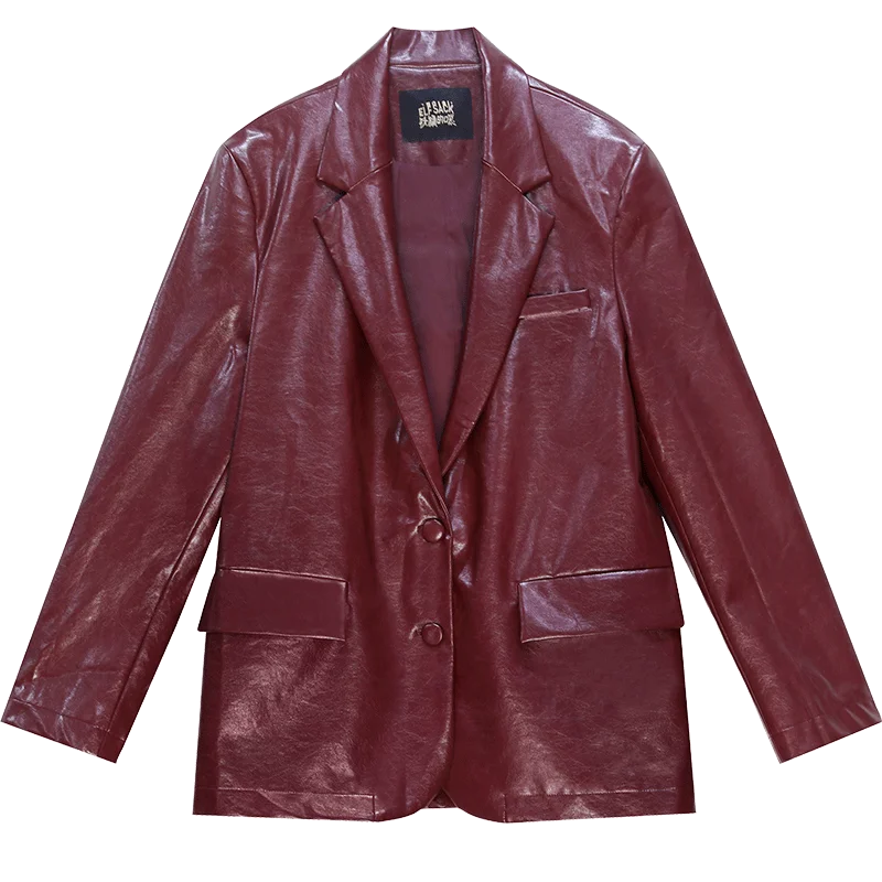 ELFSACK 2024 Autumn New Arrive Dark red PU leather suit for women, high-end retro casual jacket