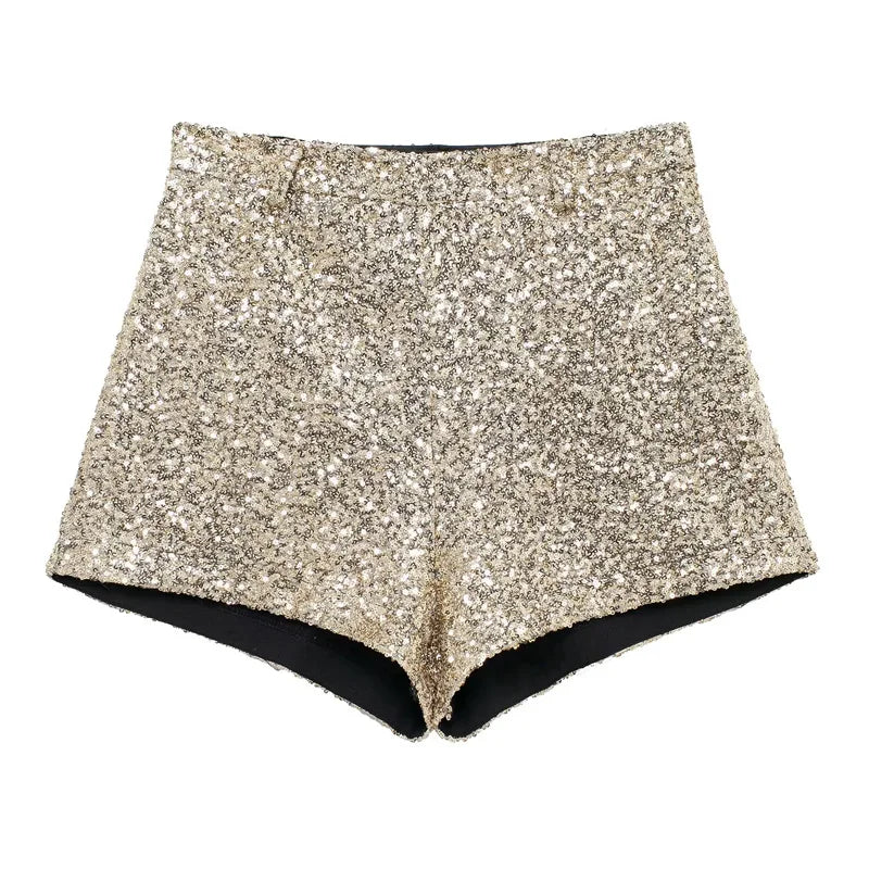 TRAF Women's Shorts Glitter Sequin Shorts For Women Mid Waist Solid Mini Short Pants Streetwear Bottoms Golden Pink Shorts Woman