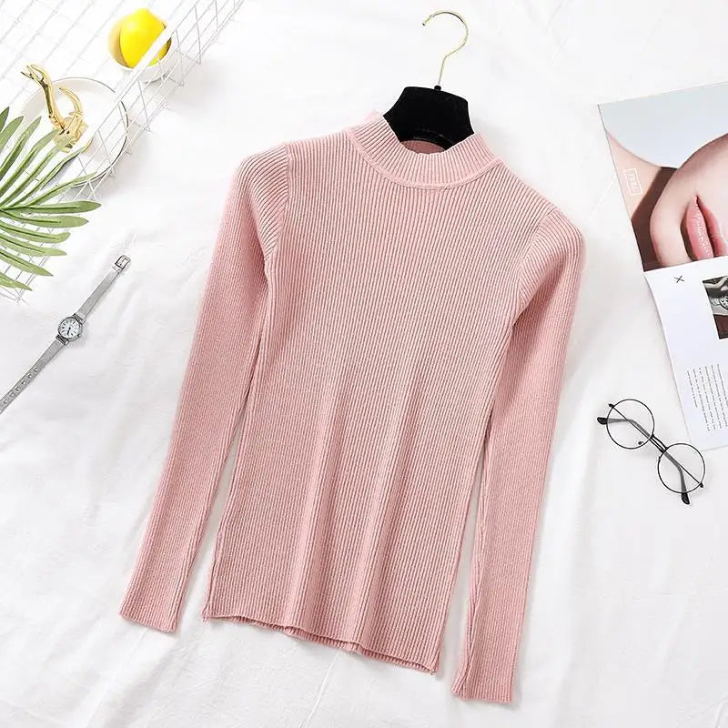 ZOKI Autumn Women Pullover Sweater Fashion Half Turtleneck Knitted Female Jumper Long Sleeve Winter Black Soft Elastic Blouse