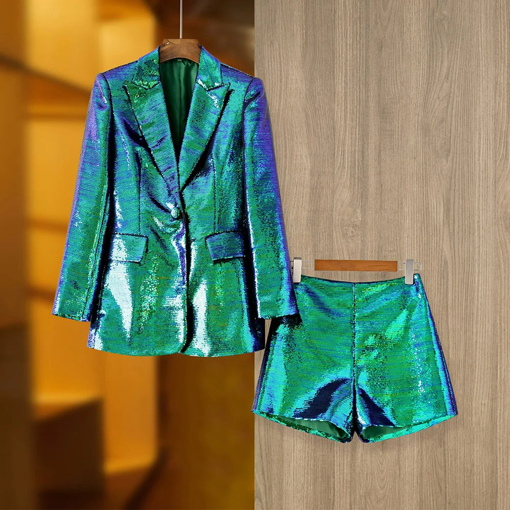 Ensemble 2 pièces blazer et short pour femme, vêtements accrocheurs, dégradé de couleurs scintillantes, paillettes vert foncé