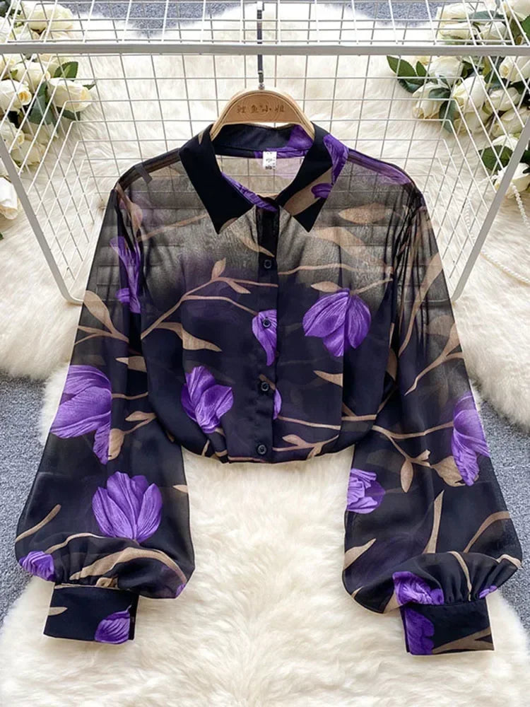 Spring Autumn Temperament Fashion Retro Chiffon Floral Blouses Print Loose Lapel Puff Sleeve Top Button Up Shirt Female GD611