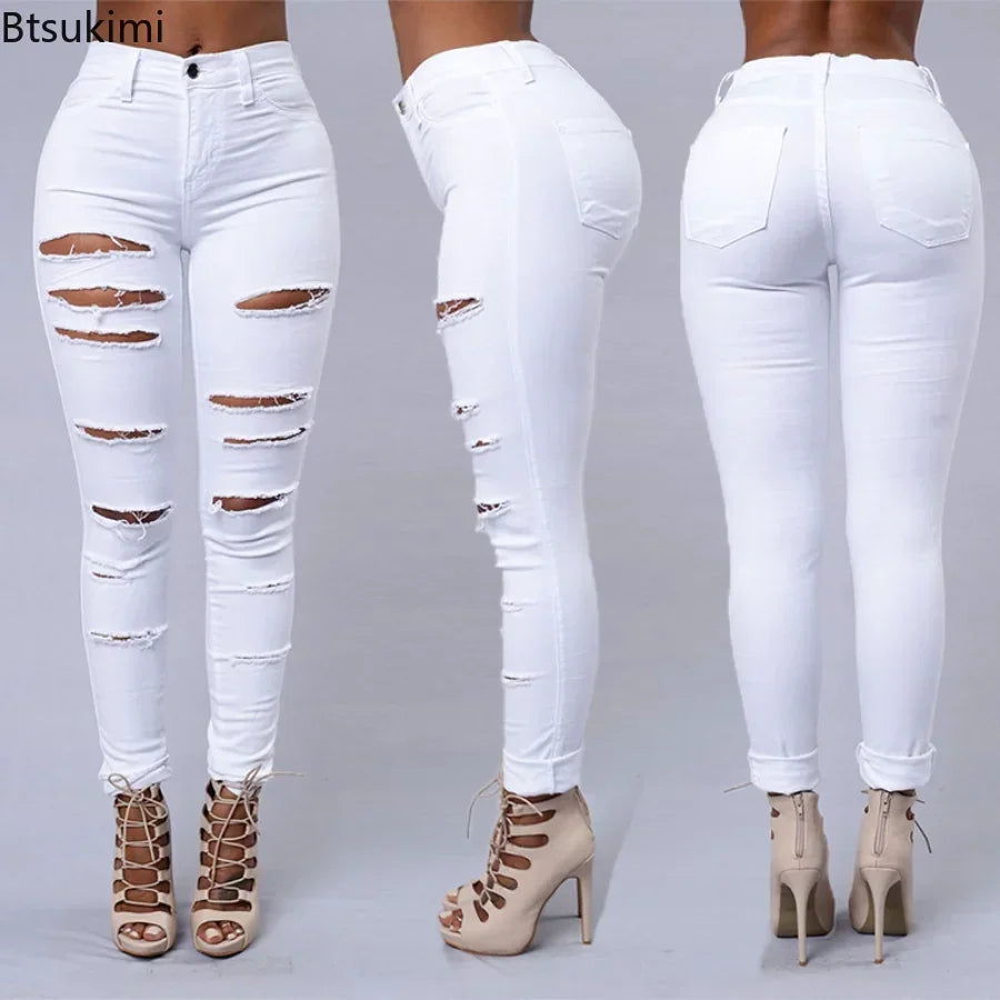 2025 Femmes Stretch Skinny Déchiré Trou Délavé Denim Jeans Femme Taille Haute Crayon Y2k Pantalon Jeans Dames Pantalons Décontractés Pantalons