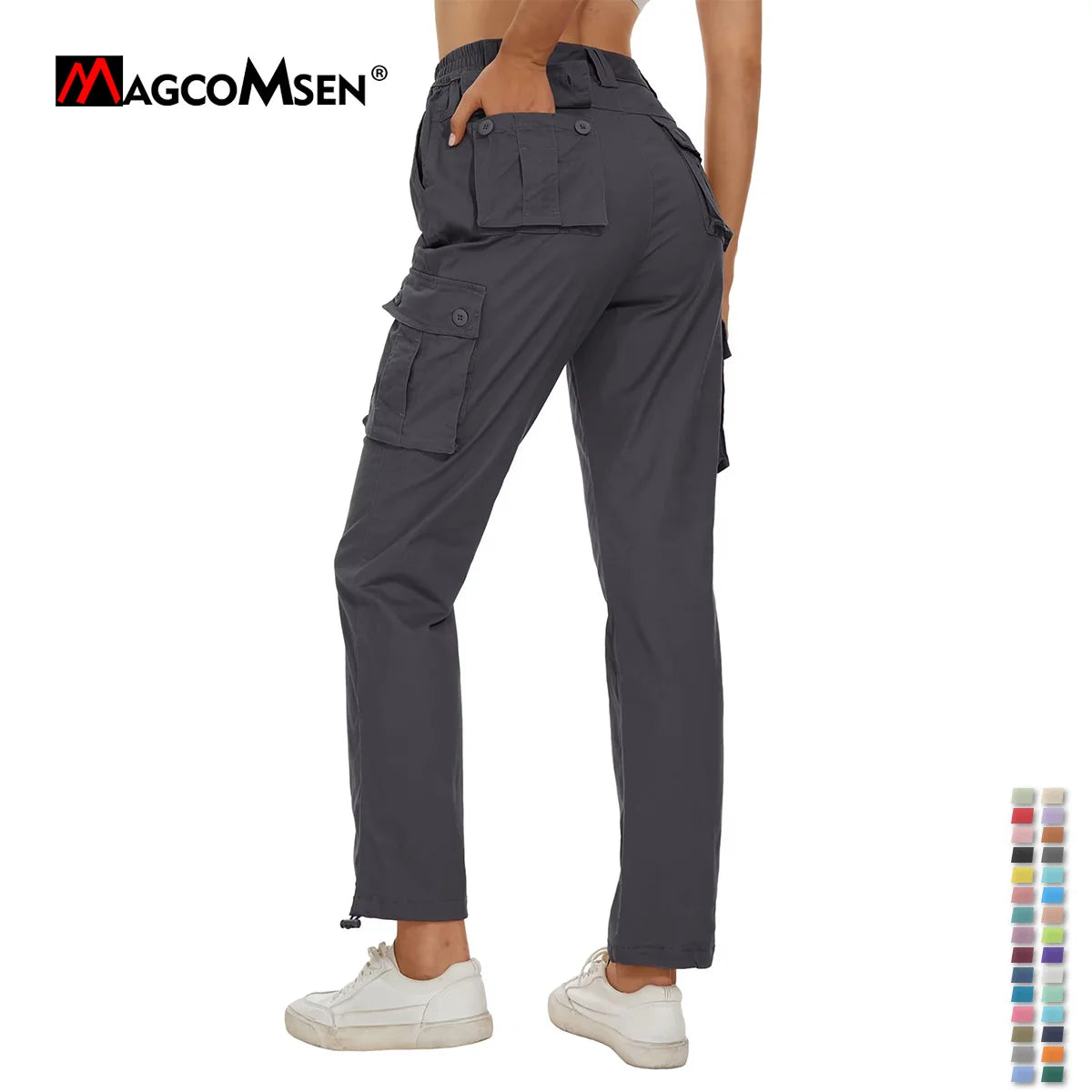 MAGCOMSEN Women's Cargo Pants 6 Pockets Cotton Urban Commuter Work Pants Casual Stylish Elastic Waistband Vintage Biker Trousers