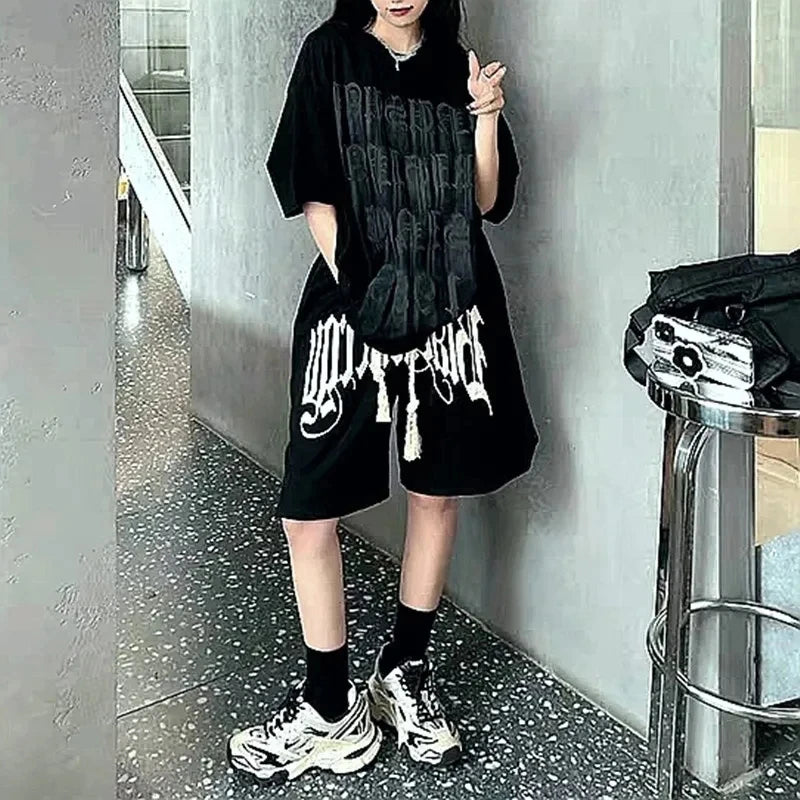 Y2K Drawstring Printing Shorts Women Fashion American Style Streetwear Sports Shorts BF Hip Hop Loose Casual Wide Leg Shorts