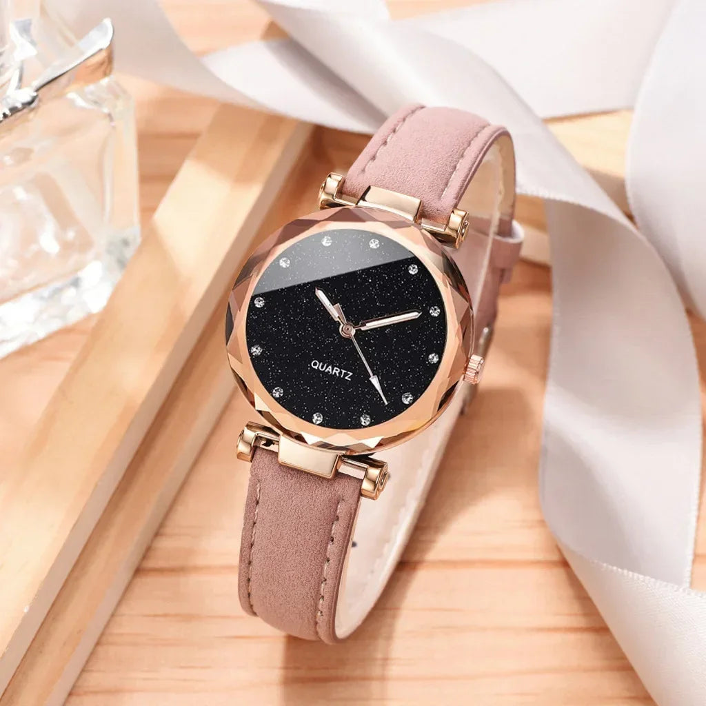 Ensemble de montres de luxe pour femmes, 2 pièces, bracelet en cuir PU, montre-bracelet à quartz pour dames, strass, bracelet en alliage or rose pour dames, cadeau