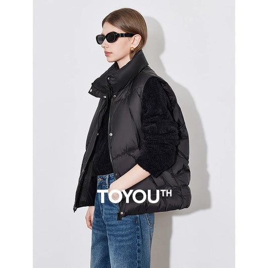 TOYOUTH Women Sleeveless Down Jacket 2024 Autumn And Winter New Lightweight Stand Collar Warm Solid Color Short Vest Jacket Coat