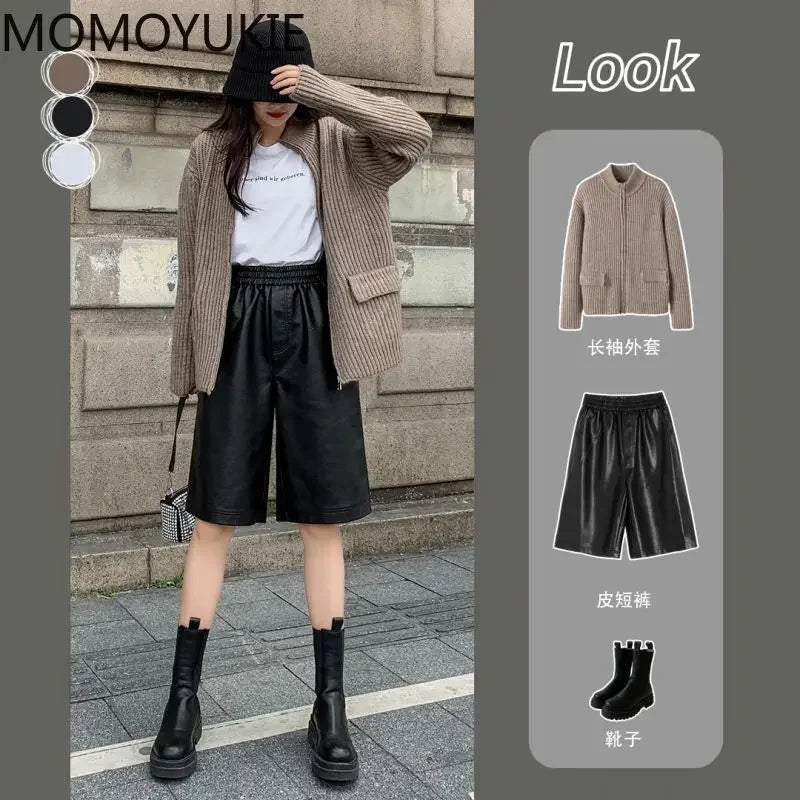 S-3XL PU Leather Shorts Women's Autumn Winter New 2021 high waist elastic Loose Five Points Leather Trouser clothes Shorts