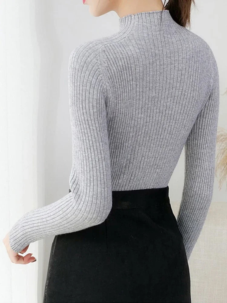 Women Ribbed Knitted Sweaters Korea Autumn Winter Pullover Mock Neck Long Sleeve Slim Sweater Woman Solid Casual Knitwear Tops