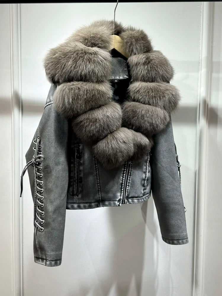 Janveny Super Big Natural Fox Fur 2024 Nouvelle Automne Hiver Femmes Faux PU Veste En Cuir Décontracté Dame Revers Fermeture Éclair Moto Manteau