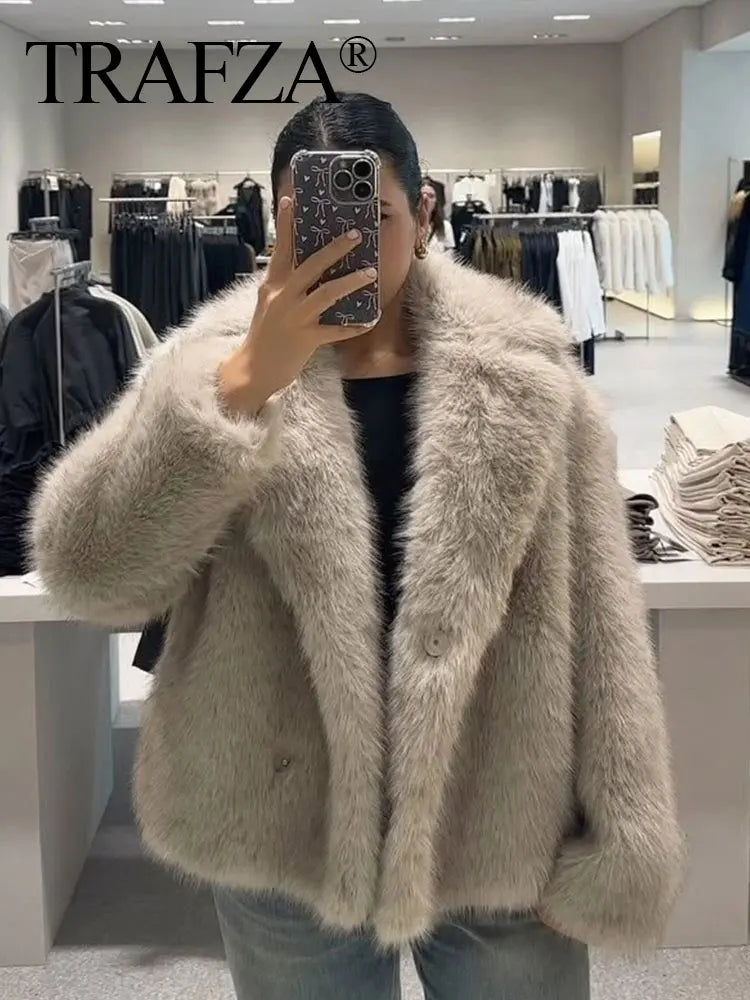 TRAFZA Female Elegant Solid 3-Color Faux Fur Effect Long Sleeve Cardigan Coat Winter Women's High Street Pockets Coat Mujer