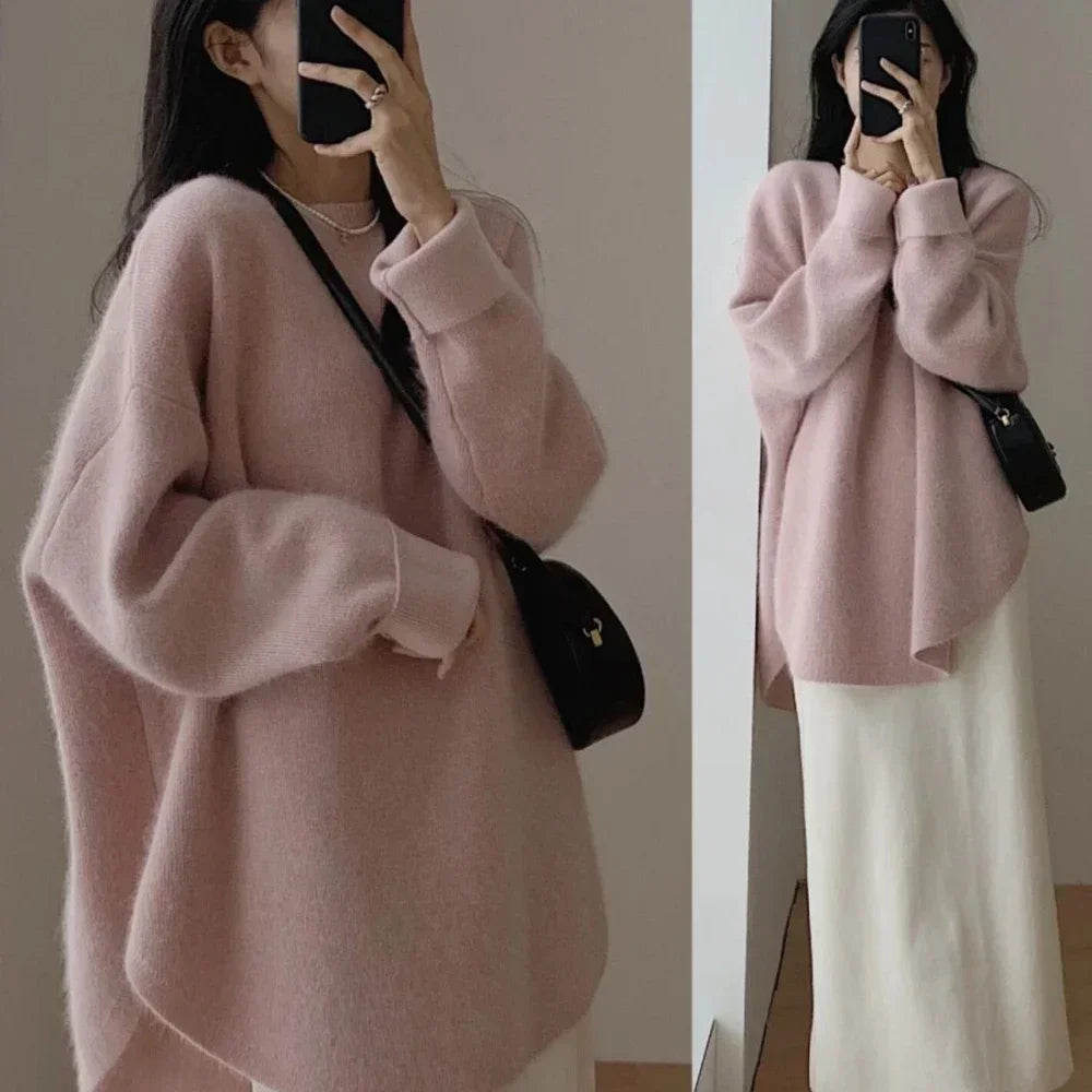 Women's Sweater Long Red Knit Tops for Woman Pullovers Autumn Winter 2024 Y2k Fashion Korea Sleeve Jersey New Collection in Cold