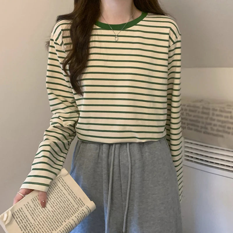 Womens Long Sleeve T Shirts Spring Autumn Casual Loose Crewneck Color Block Stripe Tee Tops