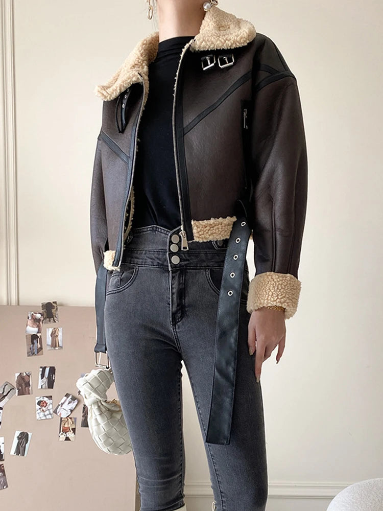 Ailegogo Automne Hiver Femmes Rétro Lâche Épais Chaud Fausse Fourrure D'agneau Manteau Streetwear Femme Épissée Fermeture Éclair Ceinture Veste Vêtements D'extérieur