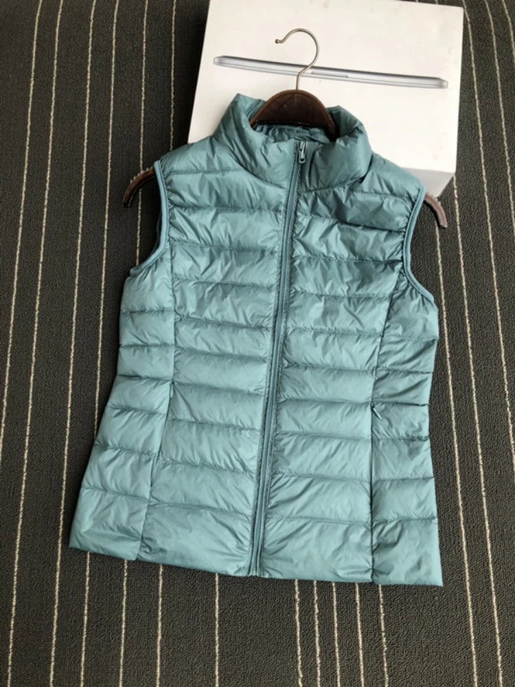 Gilet en duvet de canard blanc ultra léger à 90 % pour femme, manteau fin, veste sans manches en duvet de canard, col montant, veste pour femme