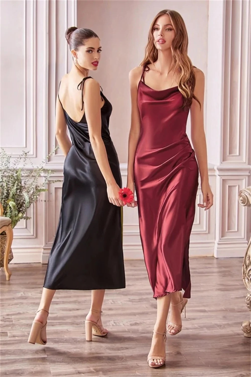 MisShow Satin Col Bénitier Femmes Plage Midi Robes pour L'été Sexy Haute Fente Fourreau Soirée Robes de Soirée pour Noël Nouvel An