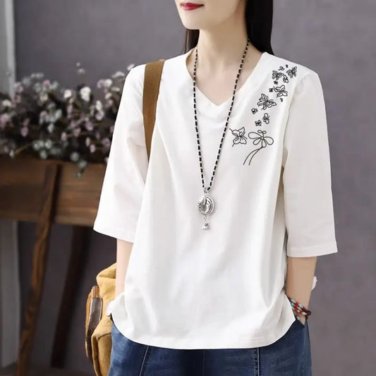 Women Summer Simplicity Loose Fashion Printing V-neck 3/4 sleeve T-Shirt Women Clothes Casual All-match Appear Thin Trend Tops