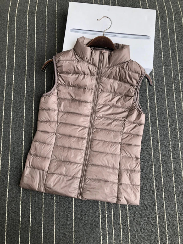 Gilet en duvet de canard blanc ultra léger à 90 % pour femme, manteau fin, veste sans manches en duvet de canard, col montant, veste pour femme