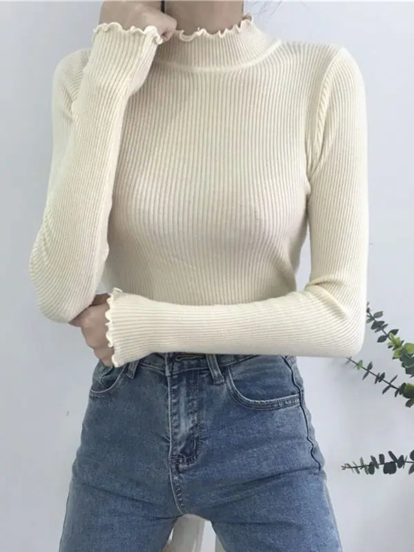 Turtleneck Ruched Women Sweater High Elastic Solid 2024 Fall Winter Fashion Sweater Women Slim Sexy Knitted Pullovers Pink White