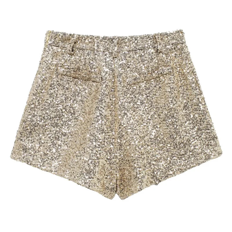 TRAF Women's Shorts Glitter Sequin Shorts For Women Mid Waist Solid Mini Short Pants Streetwear Bottoms Golden Pink Shorts Woman