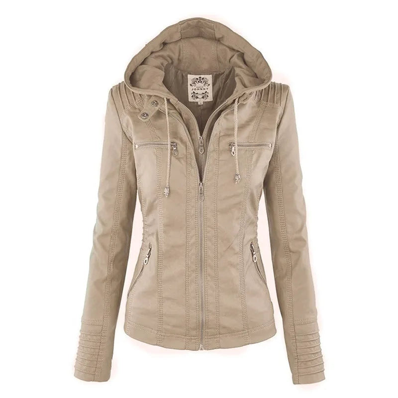 Faux Leather Jacket Women 2022 Khaki Winter Motorcycle Jacket Gothic Hoodies Outerwear Faux Leather PU Basic Jacket Coat