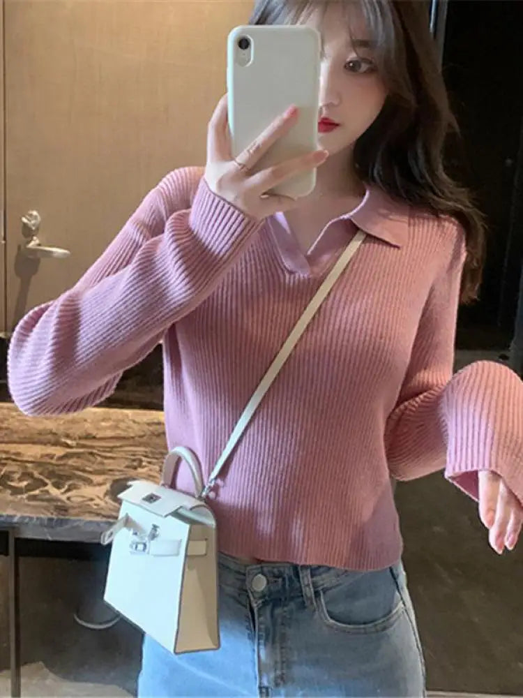 AOSSVIAO 2024 Women's Autumn Winter Pullover Solid Base All Match Sweater Lapel Polo Neck Knitted Bottoming Top