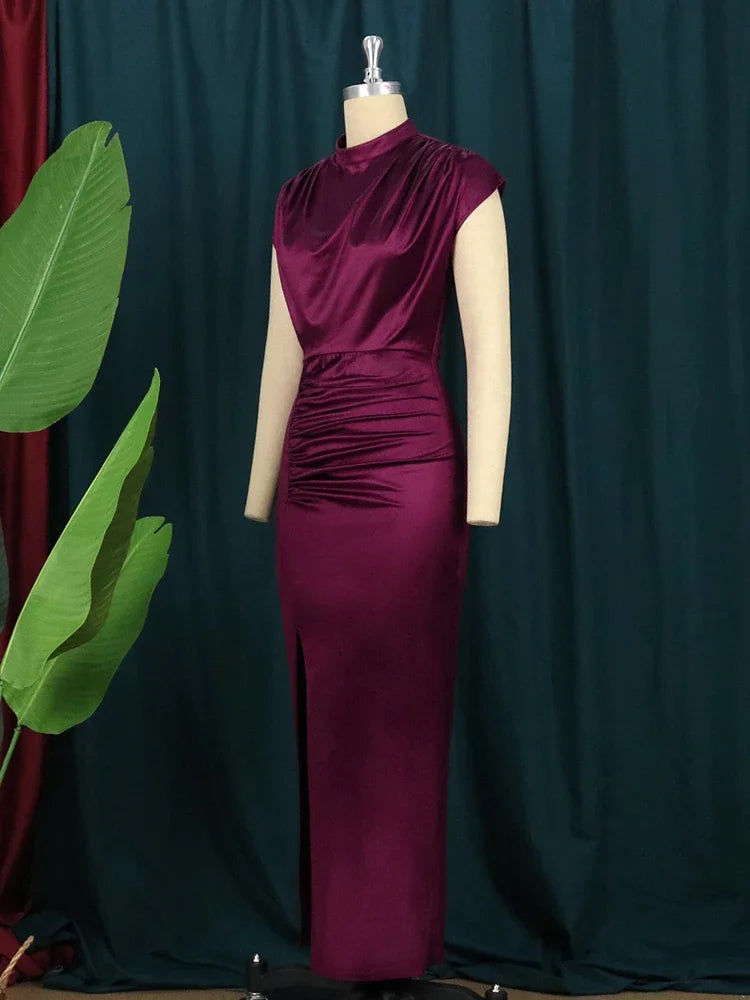 Robe longue plissée pour femme, rouge vin, élégante, fente, col haut, coupe ajustée, sans manches, maxi, robes brillantes, fête