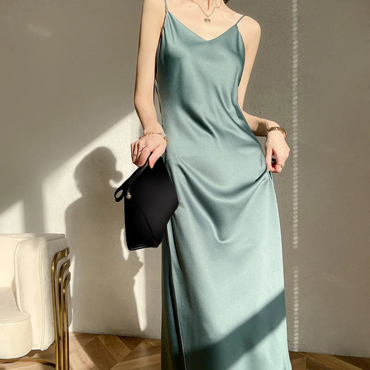 Women Long Dress Spaghetti Strap V-neck Sleeveless Sexy Summer Solid Color Mid-calf Skinny Dresses Inner Cloth