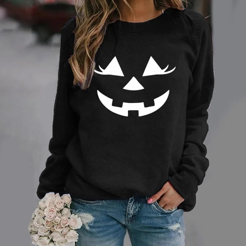 Pull à manches longues pour femme avec joli visage de citrouille - Nouveau pull tendance - Décontracté - Confortable - Sweat-shirt à capuche avec visage de citrouille